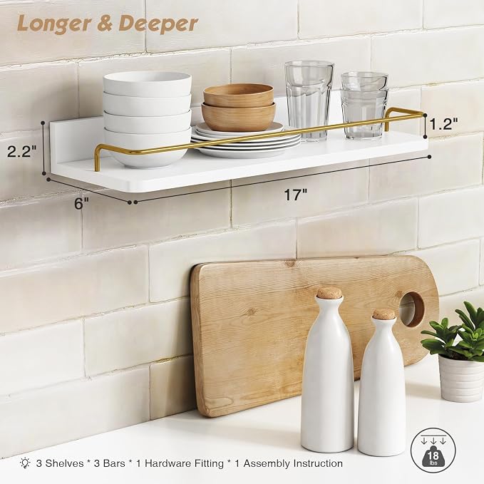 Forbena Gold Floating Shelves for Wall Decor Set of 3, Bathroom Shelves Over - Image 3