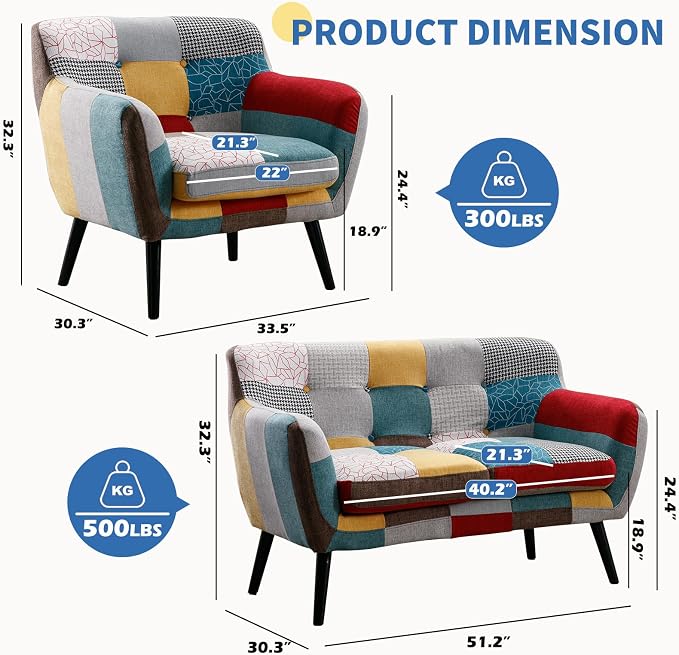 Bonzy Home Modern Colorful 3 Piece Coroful Fabric Sofa Set, Included 2 Accent - Image 2