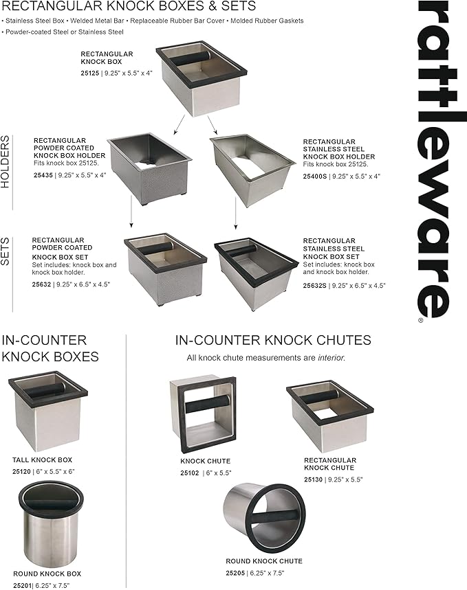 Rattleware Stainless Steel Open Bottom Knock Box Chute - For Home, Cafe, Restaurant, Hotel, Office, r Commercial Establishment - Trusted By Baristas Worldwide (9" x 5.5" x 4)