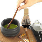 Artcome 10Pcs Japanese Matcha Tea Set, Matcha Bowl, Matcha Whisk, Whisk Holder, Traditional Scoop, Tea Spoon, Tea Cloth, Bamboo Holder, Scoop Holder, Matcha Powder Caddy, Matcha Powder Strainer(Black)