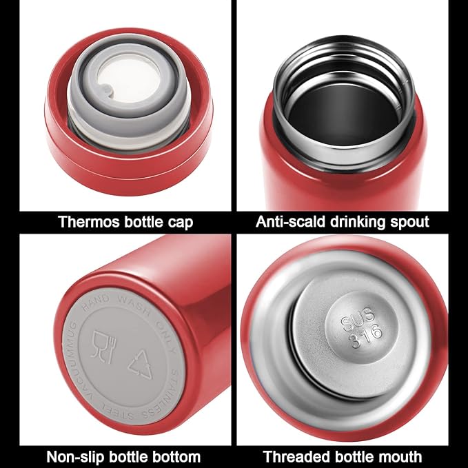 Mini Thermos Cute Water Bottle - 7 oz Tiny Insulated Vacuum 18/10 Stainless Steel Small Flask - Leak Proof & Spill Proof & Keeps Cold and Hot for Drink, Coffee, Tea - Red