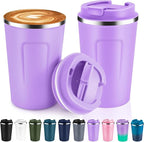 Volhoply 12 oz Double Wall Insulated Vacuum Travel Coffee Mugs with Flip Lid Bulk 2 Pack,Reusable Stainless Steel Leak Proof Coffee Cup,Portable Cafe Thermal Tumbler for Hot&Cold Drinks(Purple,2 Set)