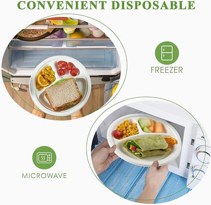 Vplus 100% Compostable Paper Plates, 500 Pack 10 Inch 3 Compartment Plates Disposable, Heavy Duty Biodegradable, Made of Sugar Cane Fibers, for Daily meals, Dinner, Parties, BBQ