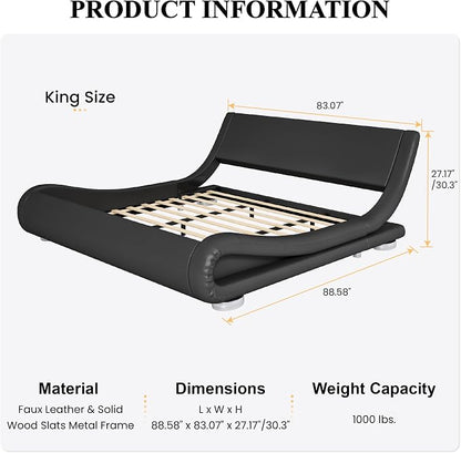SHA CERLIN King Size Upholstered Bed Frame, Deluxe Low Profile Sleigh Bed - Image 2