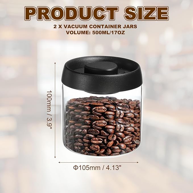 uxcell 2pcs Coffee Vacuum Container, 500ml/17oz Glass Coffee Bean Storage Container with Lids for Spices Biscuits Loose Leaf Tea, Black