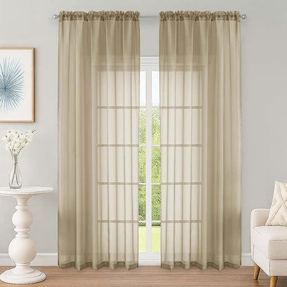 Taupe Sheer Curtain 90 Inches Long 2 Panels Set, Solid Filmy Drapes by OWENIE