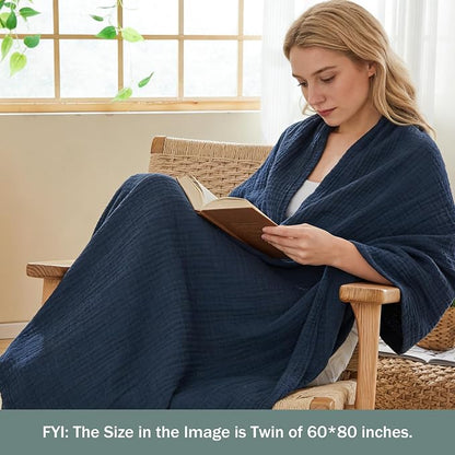 EMME Muslin Blankets for Adults Navy Small Blanket 40" x 50" | Throw Blanket - Image 2