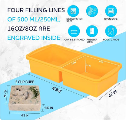 Silicone Freezer Trays with Lid,2-cup Soup Freezer Container large Ice Cube Molds with Reinforced Steel Ring Top for freezing Soup Sauce Broth Leftovers oven Dishwasher -Safe (yellow)