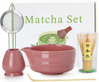 5PCS Matcha Set - 17OZ Ceremonial Bowl with Spout, Bamboo Whisk (Chasen), Stainless Sifter, Scoop & Holder, Matcha Kit for Matcha Lovers, Pink