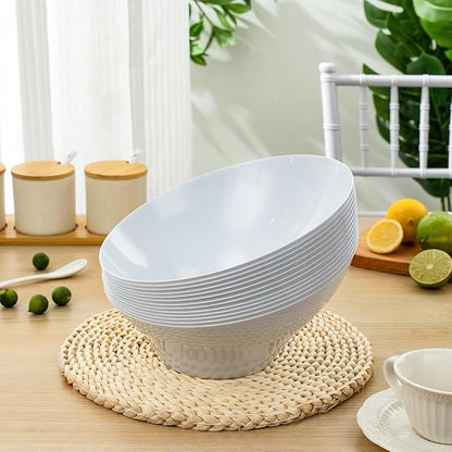 BESTVIP 54oz White Plastic Serving Bowls for Party - 12 Pack Angled Disposable Serving Bowls, Party Bowls for Chips, Snacks, Fruit, Salad - Bowls for Parties, Daily Use,Halloween, Christmas