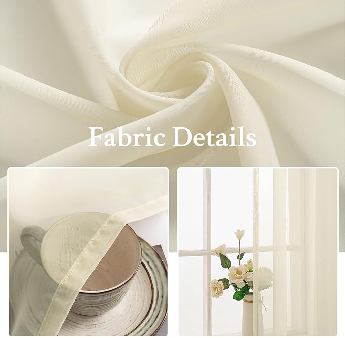 MIULEE Light Cream Sheer Curtains 90 inches Long 54 X 90 Inches, 2 Panels | - Image 3