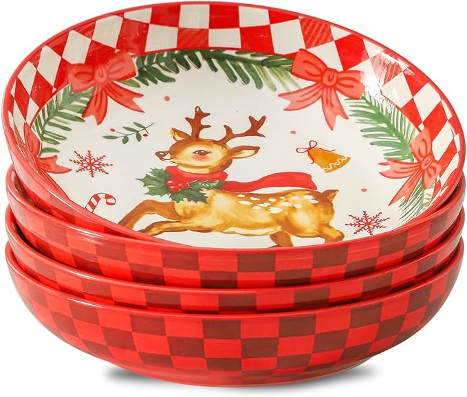 HASENSE Pasta Bowls Set of 4, 42 Ounce Ceramic Salad Serving Bowl for Kitchen,9.7 Inch Large Shallow Bowls for Pasta Soup Salad Dinners,Holiday Gatherings,Christmas, Dishwasher & Microwave Safe