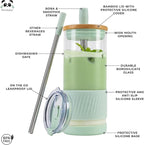 Pandaloo® Glass Cups With Lids and Straws -20 Fl Oz- Perfect Size Iced Coffee Cup - Smoothie Cup With Bamboo Lid and On the go Lid (Sweet Sage, 1 Count (Pack of 1)