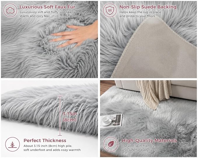 EasyJoy Faux Sheepskin Rug, Fluffy Faux Fur Rug, Ultra Soft Shag Area Rug - Image 3