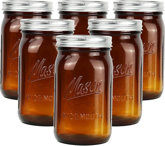 32 oz Wide Mouth Amber Glass Mason Jars (6 Pack) - BPA Free, Air Tight, Leak Resistant - Quart Mason Jars for Canning, Storing Food, Spices, and Meal Prep
