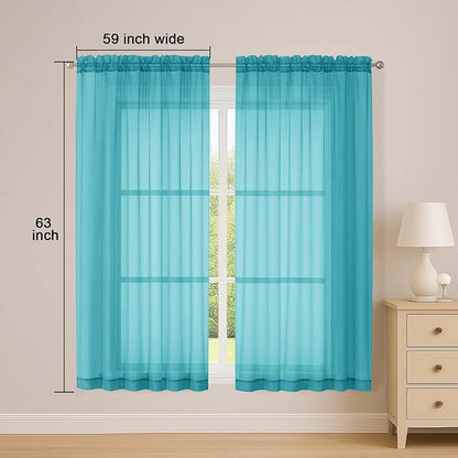 Sheer Turquoise Curtains, Sheer Curtains 63 inch Length 2 Panels Set, Rod - Image 2