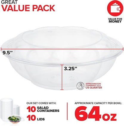 Stock Your Home 64oz Clear Plastic Salad Bowls with Lids Disposable (10 Pack) Extra Large Takeout Container with Snap on Lid for Fruit Salads, Lunch, Meal Prep, Acai Bowl, To-Go Party Containers