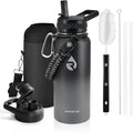 Insulated Water Bottle 32 oz, Triple Wall Vacuum Stainless Steel (Cold for 48 Hrs), Leak Proof & Non-BPA, Modern Water Flask Jug with Paracord Handle & Straw Spout Lids, Dark Grey