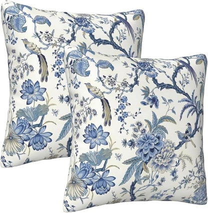 Chinoiserie Blue and White Pillow Covers 18x18 Set of 2, Bird and Flowers Throw - Image 9