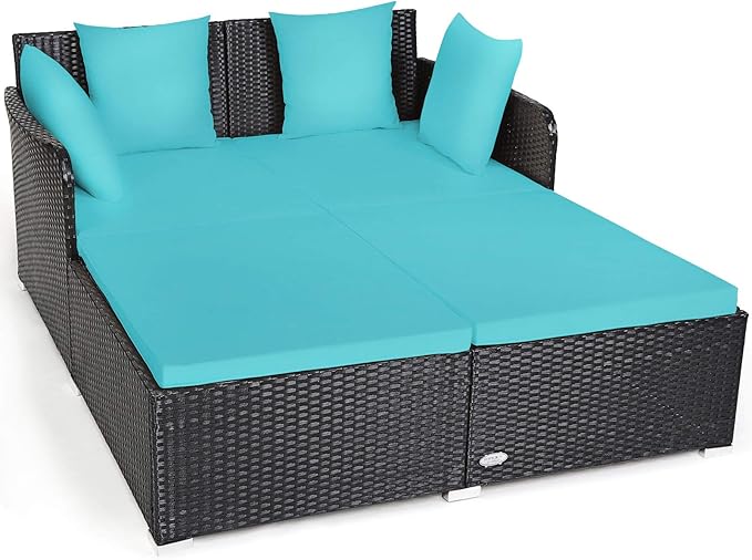 COSTWAY Outdoor Patio Rattan Daybed, Sponge Cushioned Loveseat Sofa by COSTWAY