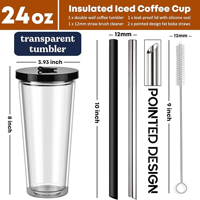 ALINK Reusable Iced Coffee Cup with Lid and Straw, 24 oz Boba Tea Smoothie Cup, Leak Proof Double Wall Insulated Iced Coffee Tumbler for Hot Cold Drinks, Bubble Tea, With 2 Boba Straws 1 Brush