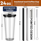 ALINK Reusable Iced Coffee Cup with Lid and Straw, 24 oz Boba Tea Smoothie Cup, Leak Proof Double Wall Insulated Iced Coffee Tumbler for Hot Cold Drinks, Bubble Tea, With 2 Boba Straws 1 Brush