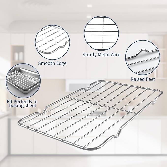 Sheet Pan with Cooling Rack Set [2 Baking Sheets + 1 Baking Rack], Stainless Steel Cookie Sheets for Baking and Wire Rack, Warp Resistant, Heavy Duty, Rust Free, Size 12.4 x 8.46 x 1.77 Inch