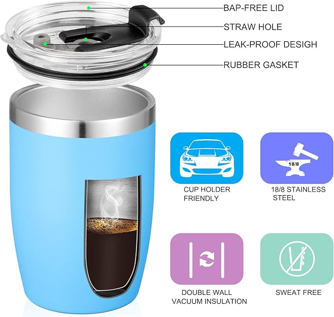 VEGOND Stainless Steel 12 oz Tumblers bulk Vacuum Insulated Double Wall Travel Tumbler with Lid and Straw Reusable Tumbler, Sky Blue 1 Pack
