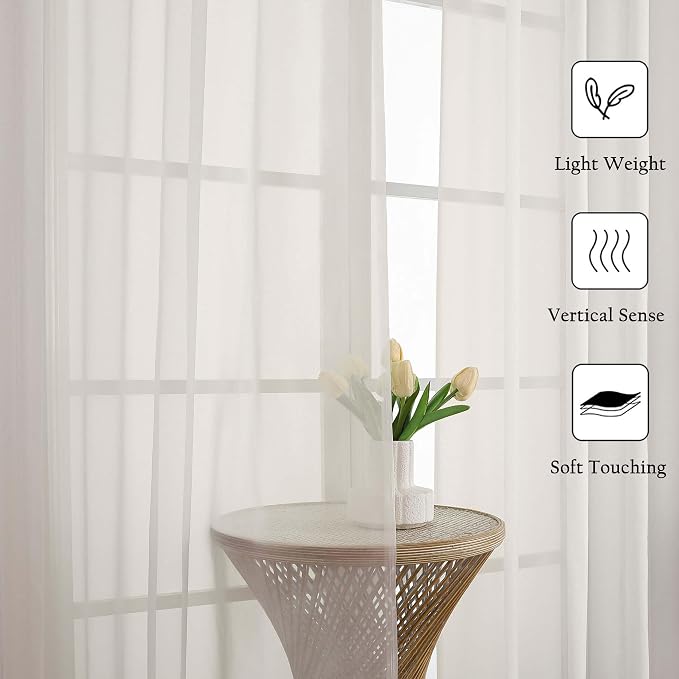 Ivory Sheer Curtains 108 Inches Long 2 Panels, Solid Airy Voile Extra Wide - Image 3