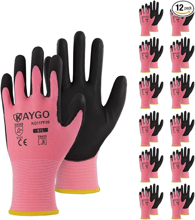 KAYGO Safety Work Gloves PU Coated-12 Pairs Seamless Knit Glove with Polyurethane Coated Smooth Grip on Palm & Fingers, for Men and Women, Ideal for General Duty Work, KG11P (XS, Pink)
