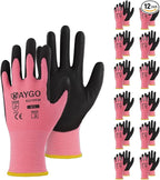 KAYGO Safety Work Gloves PU Coated-12 Pairs Seamless Knit Glove with Polyurethane Coated Smooth Grip on Palm & Fingers, for Men and Women, Ideal for General Duty Work, KG11P (XS, Pink)