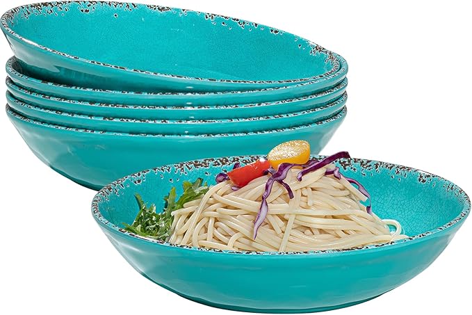 Farmhouse Melamine Pasta Bowls Set of 6, 42 OZ Shallow Individual Bowl, Melamine Pasta Plates and Salad Bowls sets, Dishwasher Safe Serving,Snack bowl,Fruit Bowl, Teal