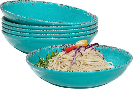 Farmhouse Melamine Pasta Bowls Set of 6, 42 OZ Shallow Individual Bowl, Melamine Pasta Plates and Salad Bowls sets, Dishwasher Safe Serving,Snack bowl,Fruit Bowl, Teal