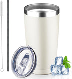 20 oz Tumbler with Lids and Straws, Stainless Steel Insulated Coffee Tumbler, Double Wall Vacuum Insulated Travel Mug Cup, Leakproof Thermal Coffee Cup for Hot and Cold Drinks (cream)