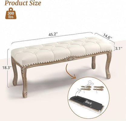 Cozyman Bedroom Bench, French Vintage Tufted Entryway Bench, 45.2" Carving - Image 3
