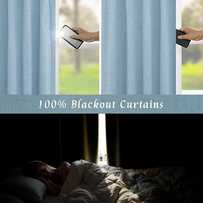 45 Inch Stone Blue 100% Blackout Linen Window Curtains - Image 3
