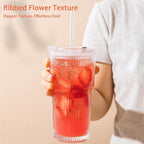 20oz Ribbed & Floral Glass Tumbler Set of 2 – Reusable Glass Cups with Lid and Glass Straw, To-Go Iced Coffee Cups for Water, Smoothie, Milk, Cocktail & More – Perfect for Daily Use & Travel