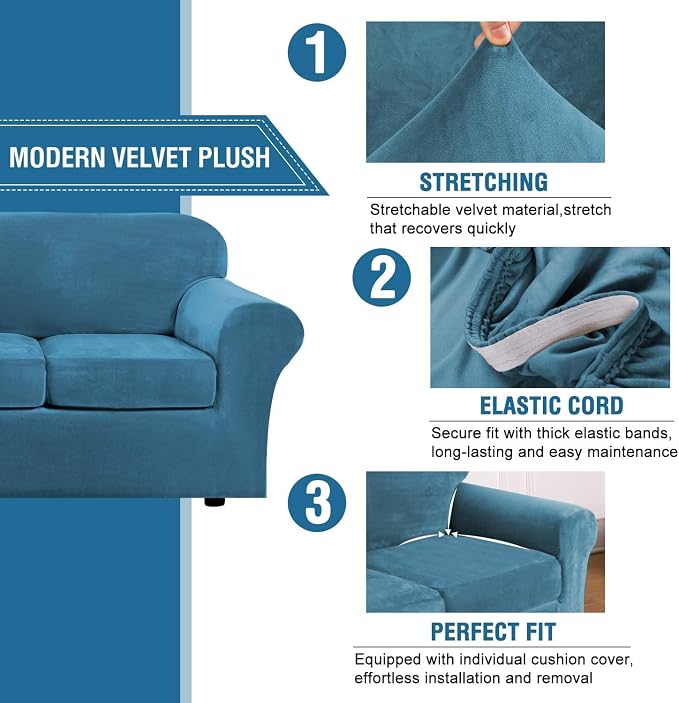 H.VERSAILTEX High Stretch Sofa Slipcover 4 Piece Cover Velvet Furniture - Image 3