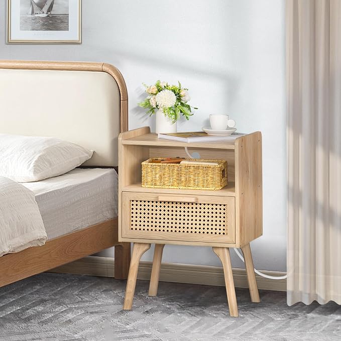 Lerliuo Rattan Nightstand with Charging Station, Boho Side Table with Drawer - Image 8