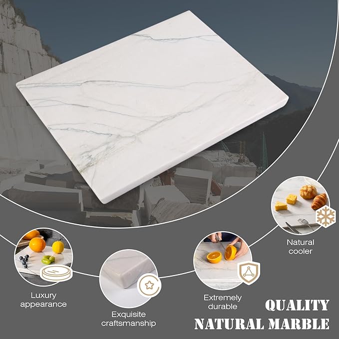 Koville Marble Pastry Board Cutting Boards for Kitchen Counter, 16" x 12" Natural White Marble Cutting Board Cheese Board, Stone Charcuterie Slab, Heat Resistant Rectangular Serving & Chopping Slab