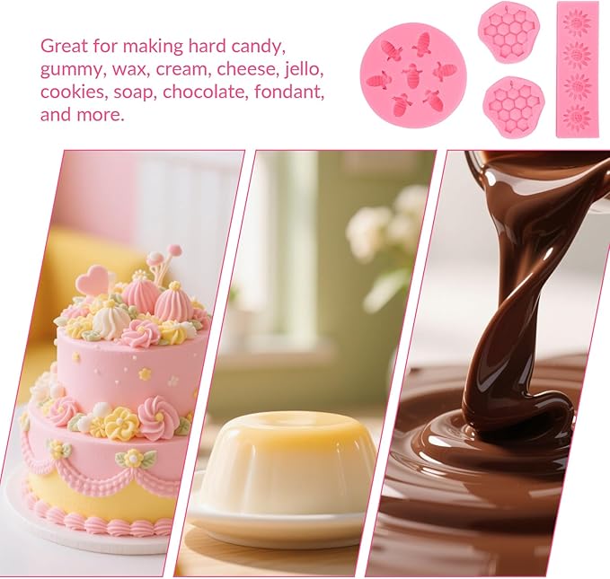 4 Pcs Bumble Bee Silicone Molds Kit with Honeycomb, Bee and Sunflower, Fondant, Chocolate, Cupcake, Cake Decorating, Candy Molds(Pink)