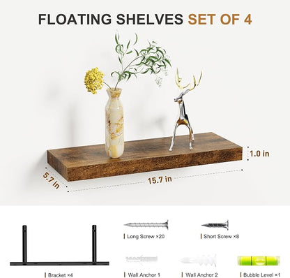 Bellsal Floating Shelves for Wall, Rustic Brown Wood Wall Shelf Set of 4 - Image 3