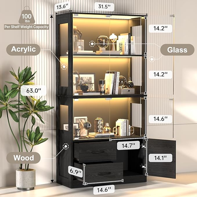 Display Cabinet with Glass Doors, 4-Tier Display Case with 3-Color Lights & - Image 2