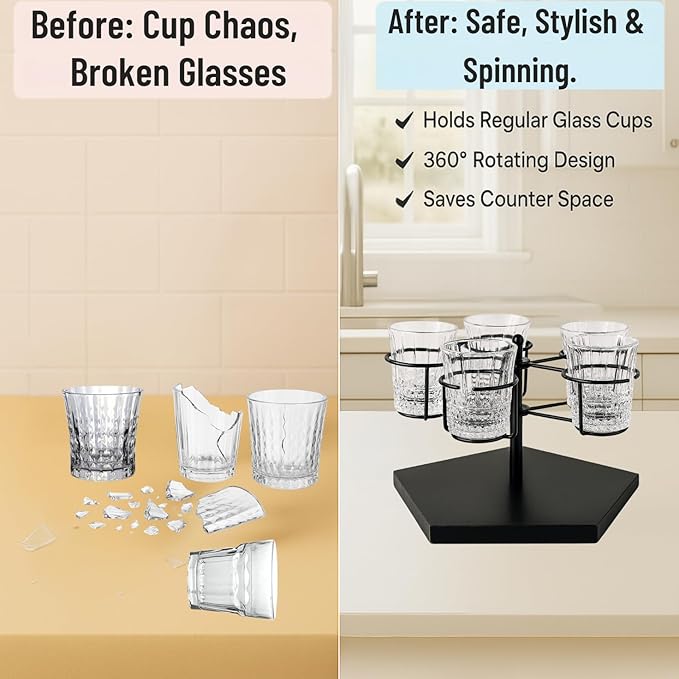 Stanley Cup Holder & Rotating Bottle Organizer – 5-Slot Wood Stand for 20/30/40oz Tumblers, Drinking Glasses, Coffee Mugs, Yeti, Hydro Flask – Countertop & Cabinet Cup Storage Rack