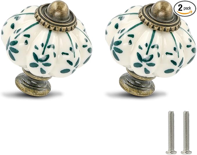 Ivory & Green Pumpkin Knobs 2 Pack Ceramic Cabinet Knobs Vintage Drawer Pulls by Zernmiarder