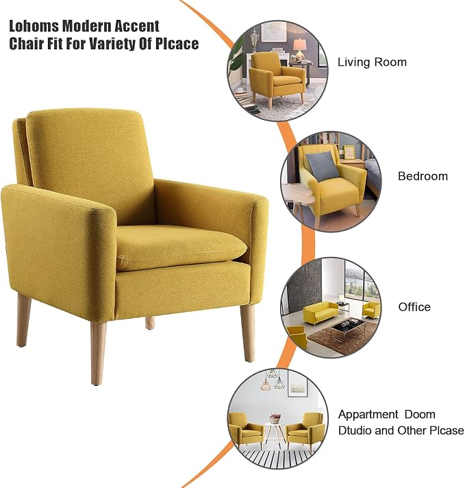 Mid-Century Modern Accent Chair, Linen Fabric Upholstered Comfy Reading Leisure - Image 6