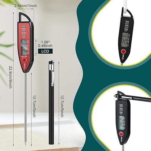 10 Set Waterproof Food Thermometer for Water, Liquid, Candle and Cooking Digital Meat Thermometer with Long Probe Instant Read for Kitchen BBQ Grill Candy (Black)