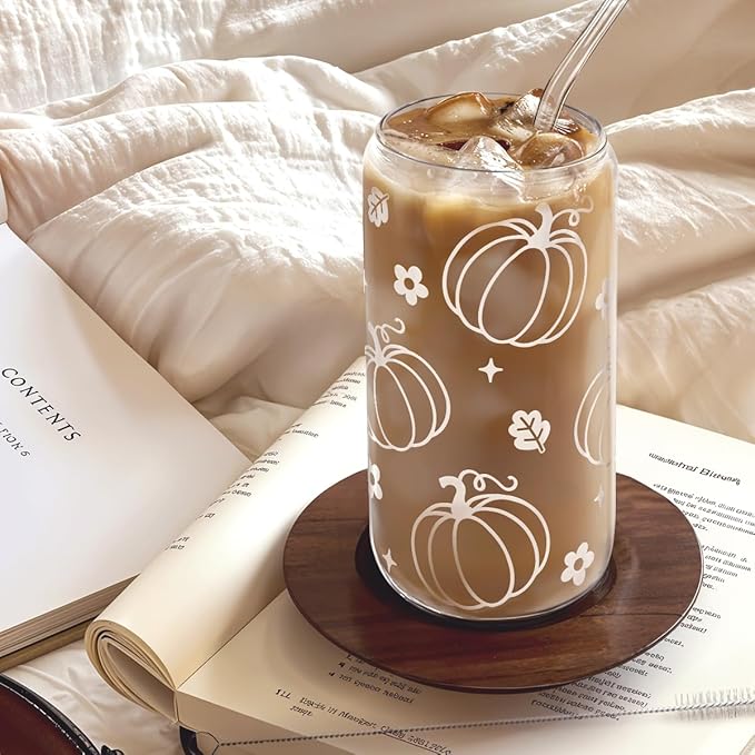 Pumpkin 16oz Can Glass Tumbler with Acrylic Lid & Straw, Iced Coffee Cup for Women Girls, Fall Aesthetic Cups Gifts