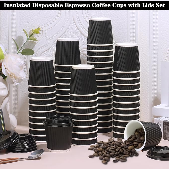 100 4oz Disposable Espresso Cups with Lids Ripple Corrugated Paper Disposable Coffee Cups Cups for Hot Chocolate, Tea, and Cocoa Drinks (Black)