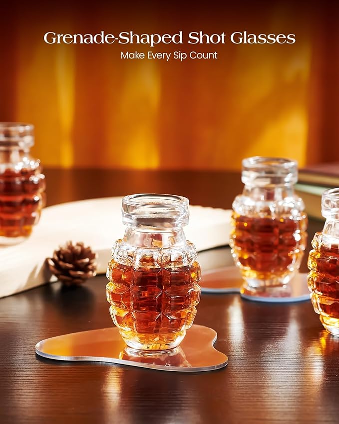 Kollea 8 x Grenade Shot Glass Set for Father's Day, Cool Shot Cups with Heavy Base, Birthday Gifts for Men Him Brother, For Whiskey, Tequila, Vodka, Liquor, Military Fans, Cool Men Cave Decor, Tumbler